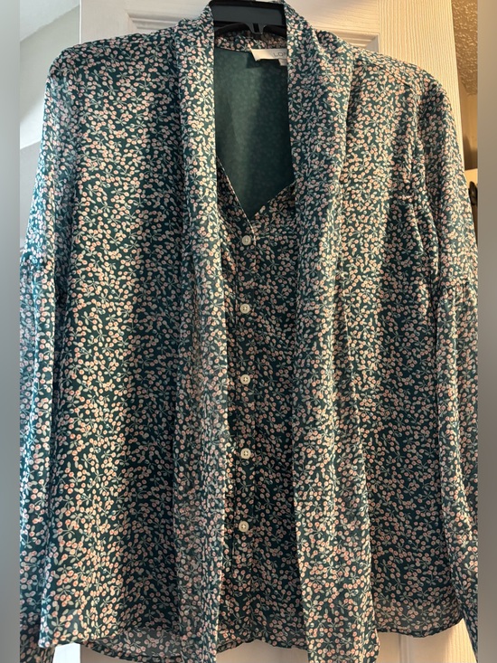 LOFT Tops - LOFT Teal Floral Button-Front Blouse with Pink Accents